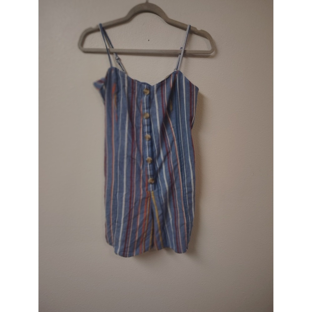 Sandy & Sid Blue Striped Button Front Romper Lace Up Back Small